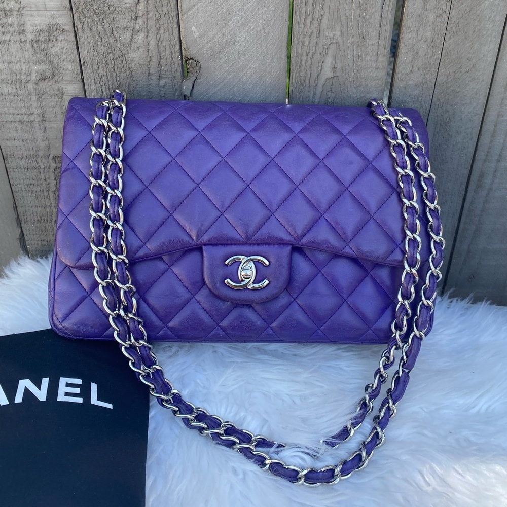 ⭐️JUMBO⭐️CHANEL classic Lambskin Jumbo double flap Lavender quilted silver chain - Picture 4 of 17